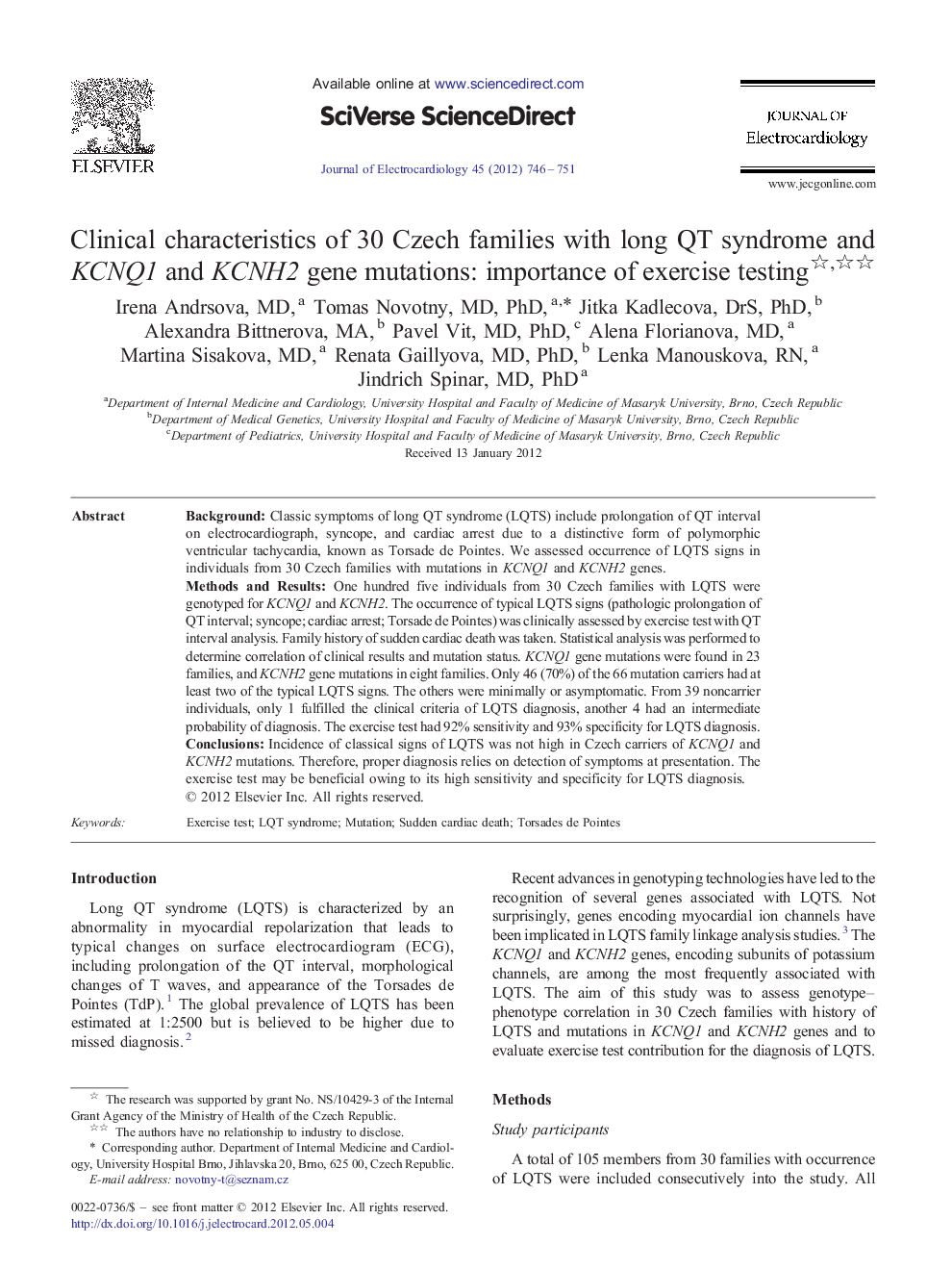 Clinical characteristics of 30 Czech families with long QT syndrome and KCNQ1 and KCNH2 gene mutations: importance of exercise testing 