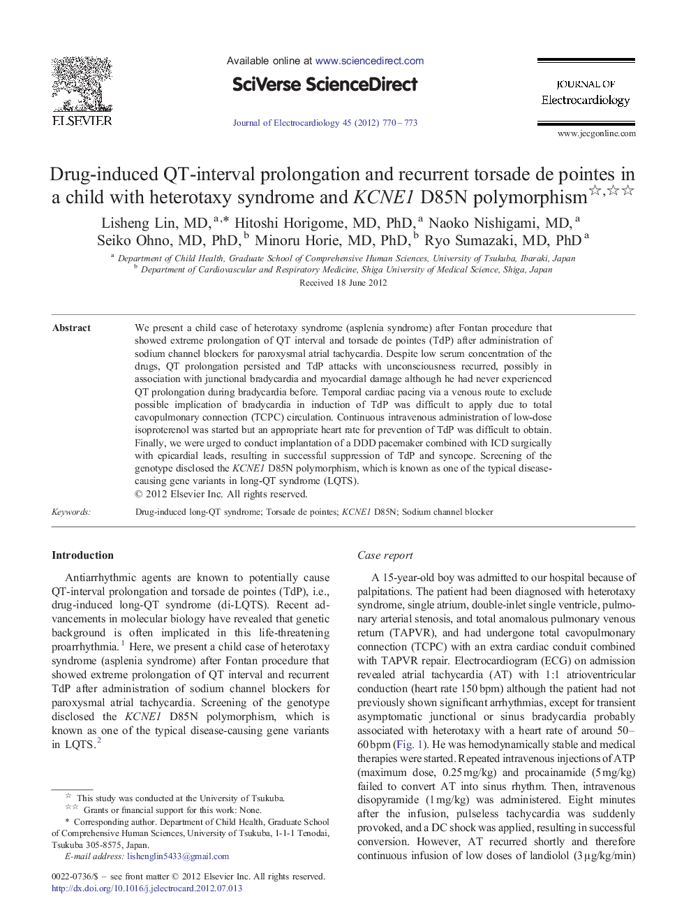 Drug-induced QT-interval prolongation and recurrent torsade de pointes in a child with heterotaxy syndrome and KCNE1 D85N polymorphism 