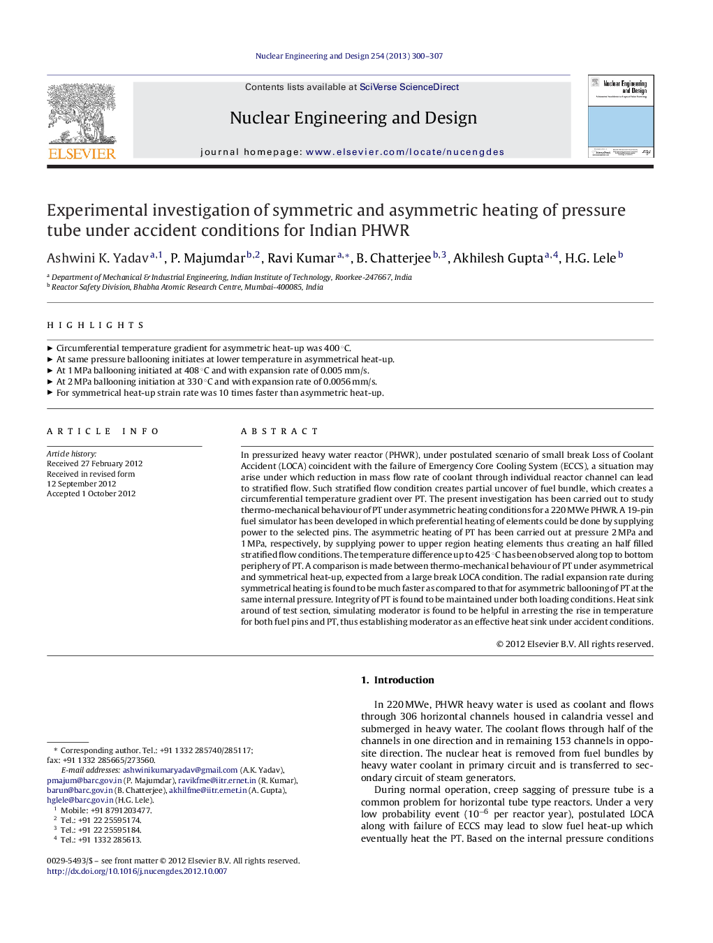 Experimental investigation of symmetric and asymmetric heating of pressure tube under accident conditions for Indian PHWR