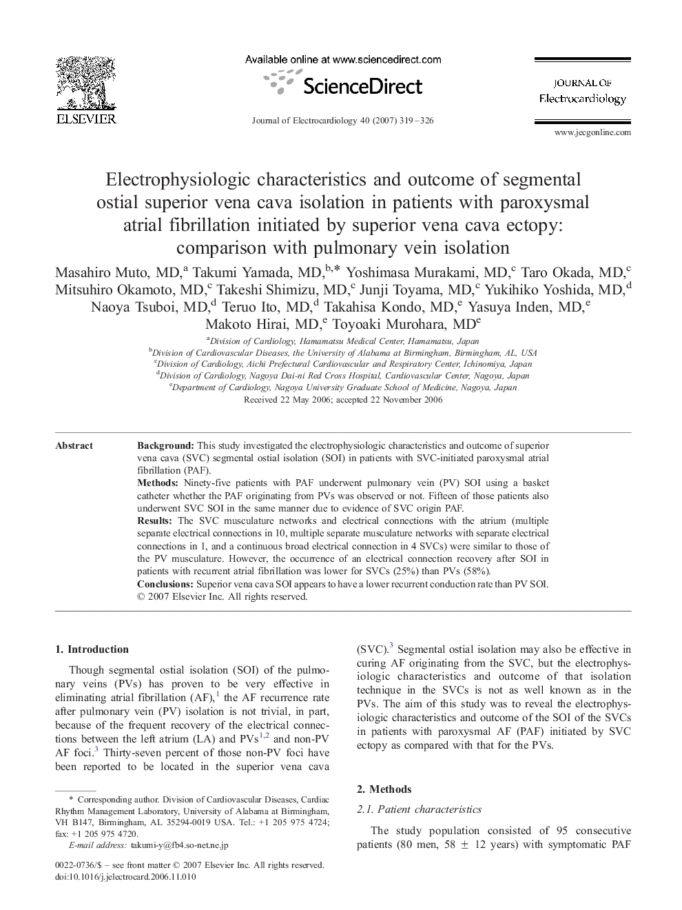 Electrophysiologic characteristics and outcome of segmental ostial superior vena cava isolation in patients with paroxysmal atrial fibrillation initiated by superior vena cava ectopy: comparison with pulmonary vein isolation