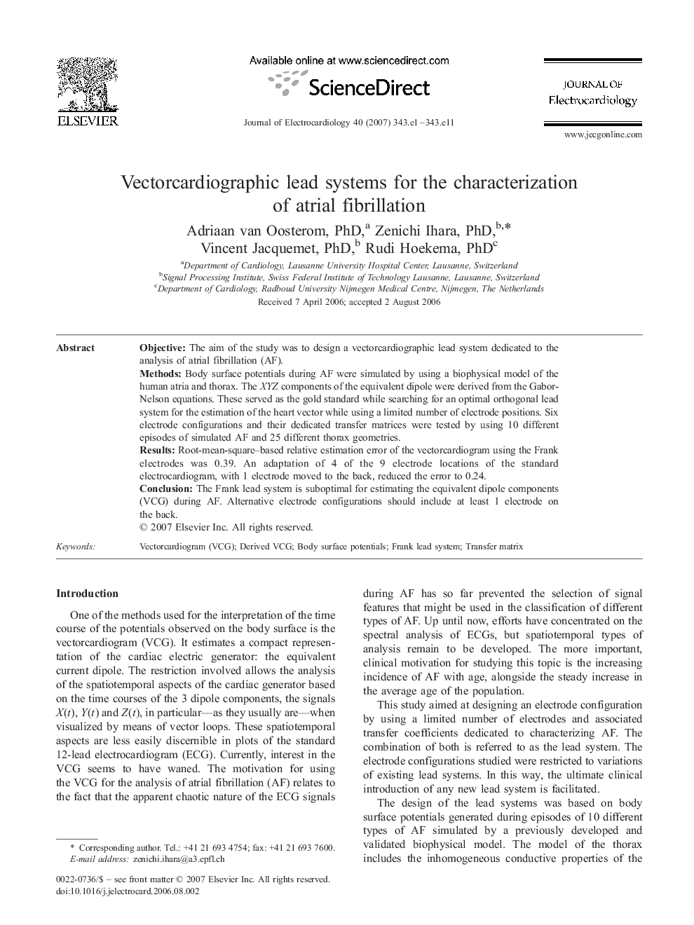 Vectorcardiographic lead systems for the characterization of atrial fibrillation