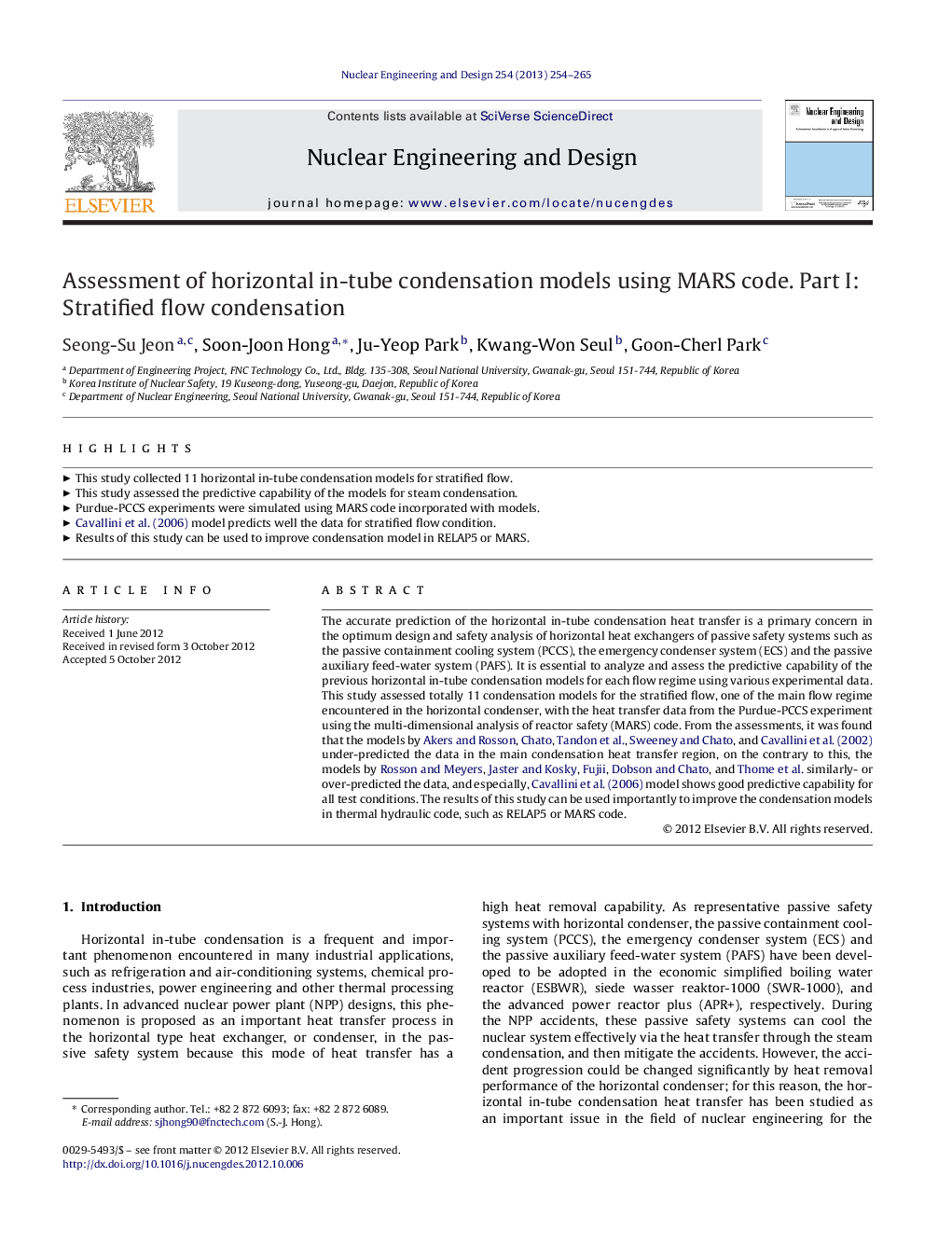 Assessment of horizontal in-tube condensation models using MARS code. Part I: Stratified flow condensation
