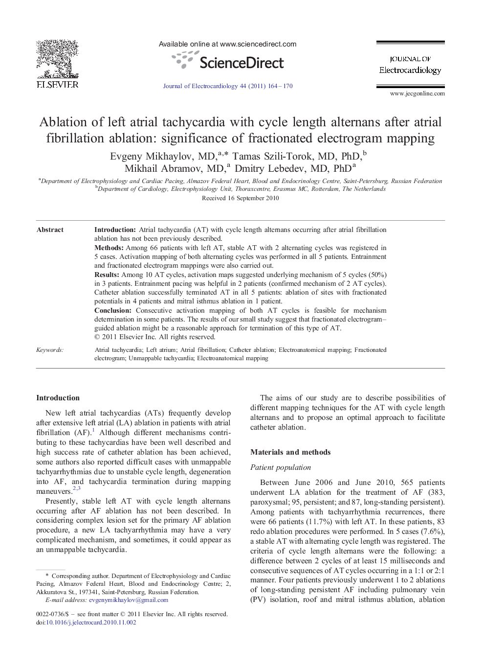 Ablation of left atrial tachycardia with cycle length alternans after atrial fibrillation ablation: significance of fractionated electrogram mapping