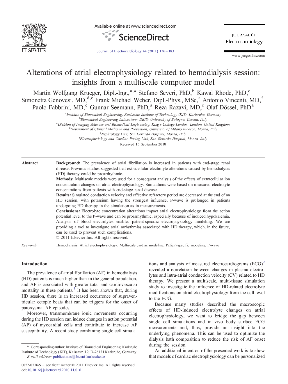 Alterations of atrial electrophysiology related to hemodialysis session: insights from a multiscale computer model