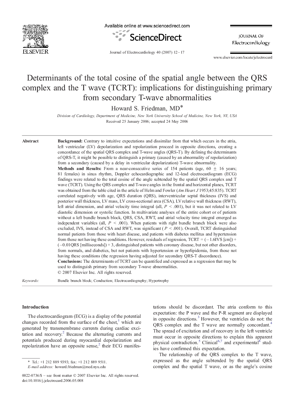 Determinants of the total cosine of the spatial angle between the QRS complex and the T wave (TCRT): implications for distinguishing primary from secondary T-wave abnormalities