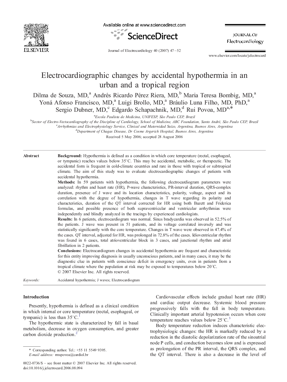 Electrocardiographic changes by accidental hypothermia in an urban and a tropical region