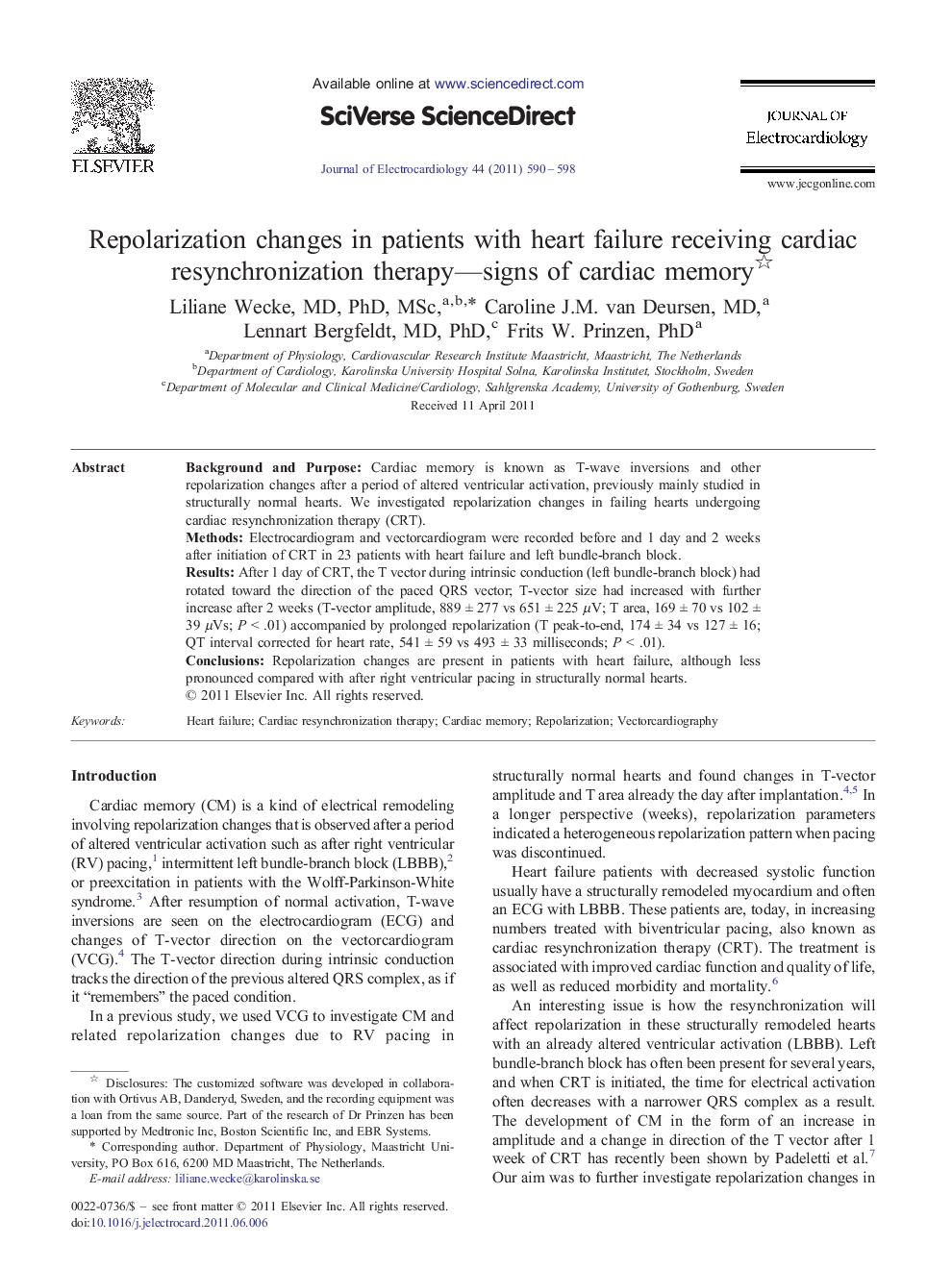 Repolarization changes in patients with heart failure receiving cardiac resynchronization therapy—signs of cardiac memory 