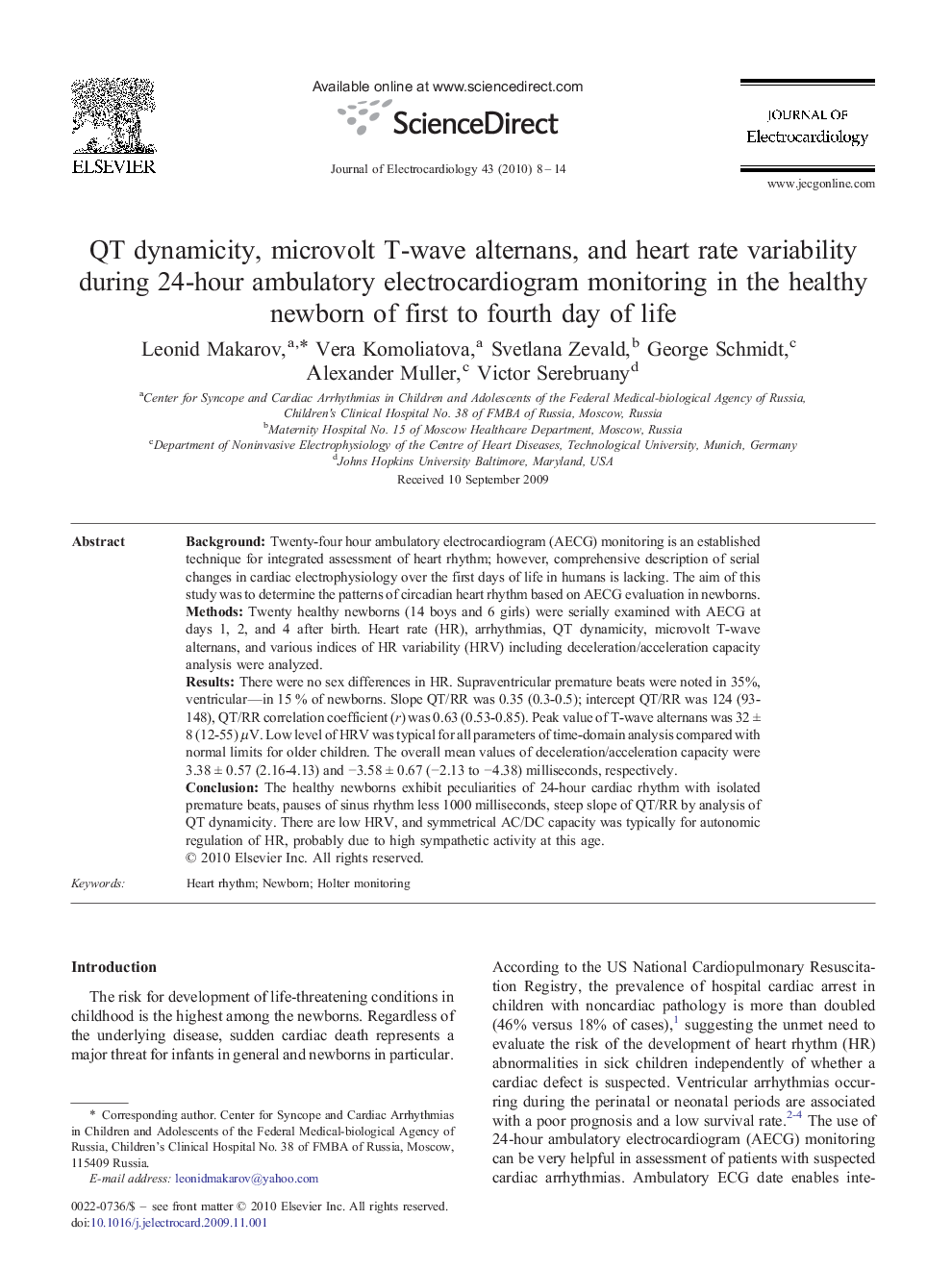 QT dynamicity, microvolt T-wave alternans, and heart rate variability during 24-hour ambulatory electrocardiogram monitoring in the healthy newborn of first to fourth day of life