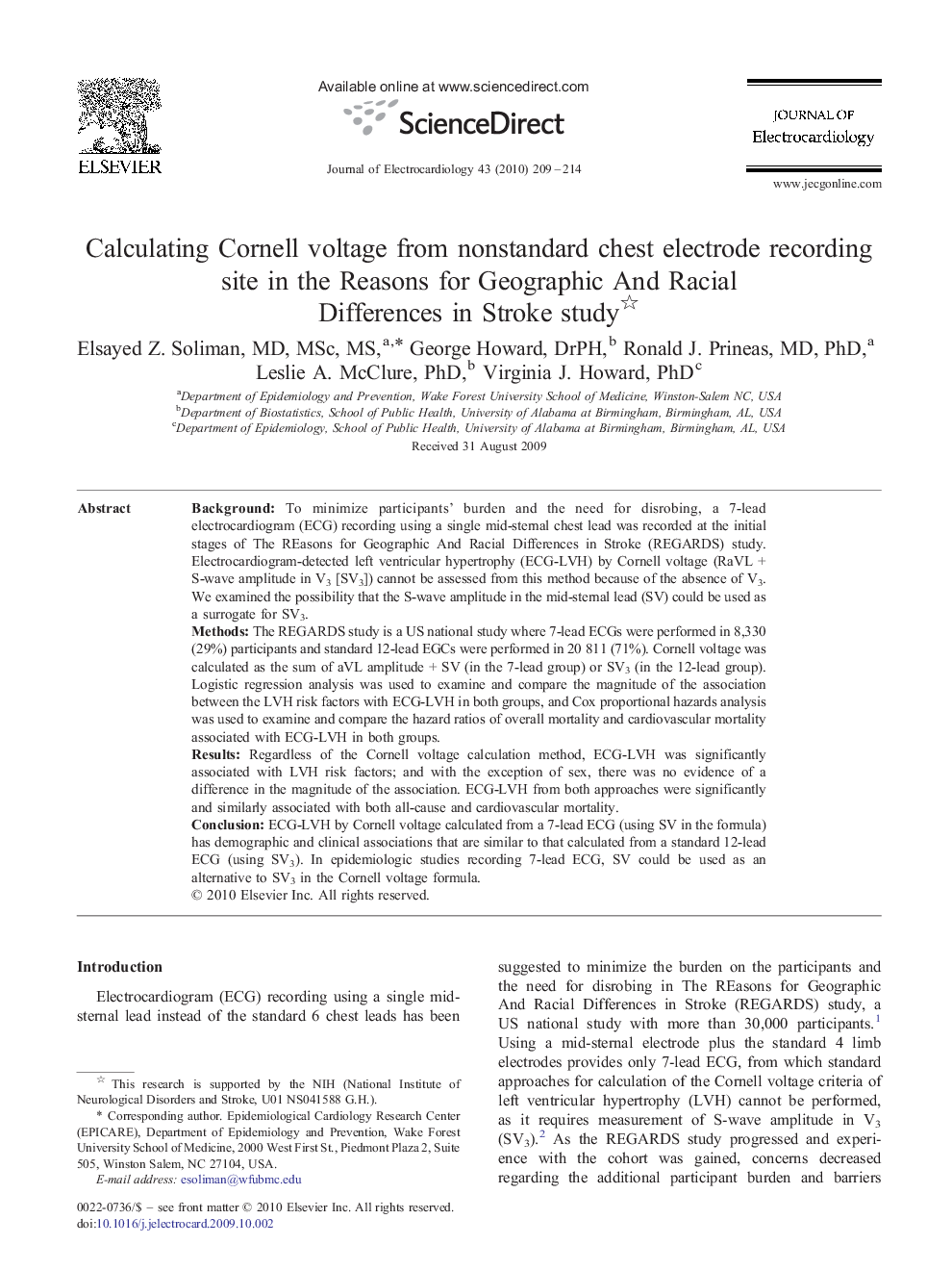 Calculating Cornell voltage from nonstandard chest electrode recording site in the Reasons for Geographic And Racial Differences in Stroke study 