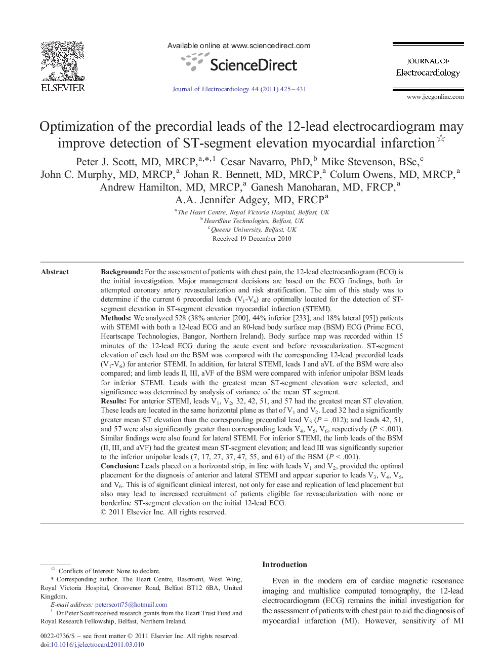 Optimization of the precordial leads of the 12-lead electrocardiogram may improve detection of ST-segment elevation myocardial infarction