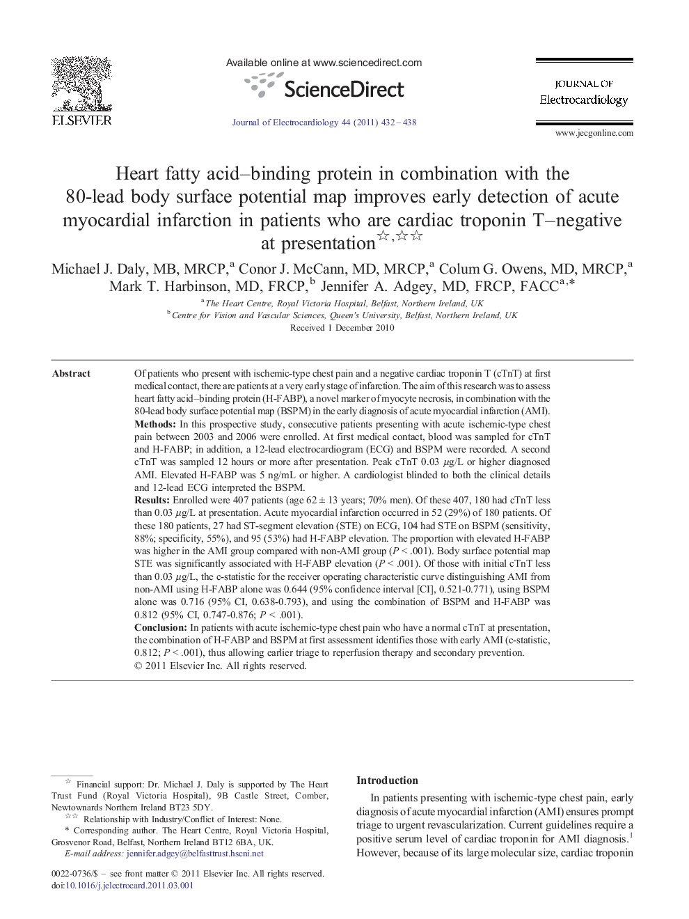 Heart fatty acid-binding protein in combination with the 80-lead body surface potential map improves early detection of acute myocardial infarction in patients who are cardiac troponin T-negative at presentation