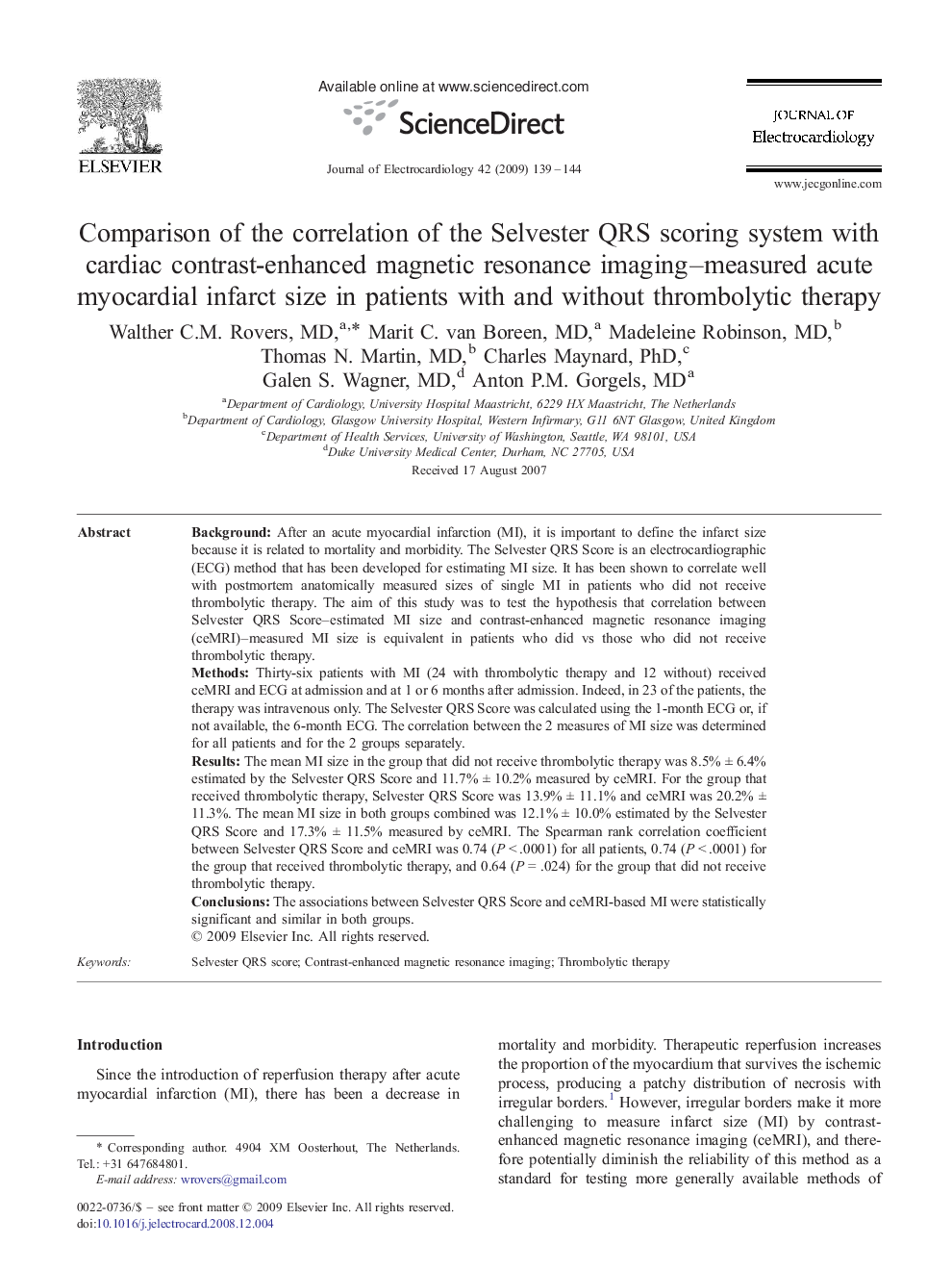 Comparison of the correlation of the Selvester QRS scoring system with cardiac contrast-enhanced magnetic resonance imaging–measured acute myocardial infarct size in patients with and without thrombolytic therapy