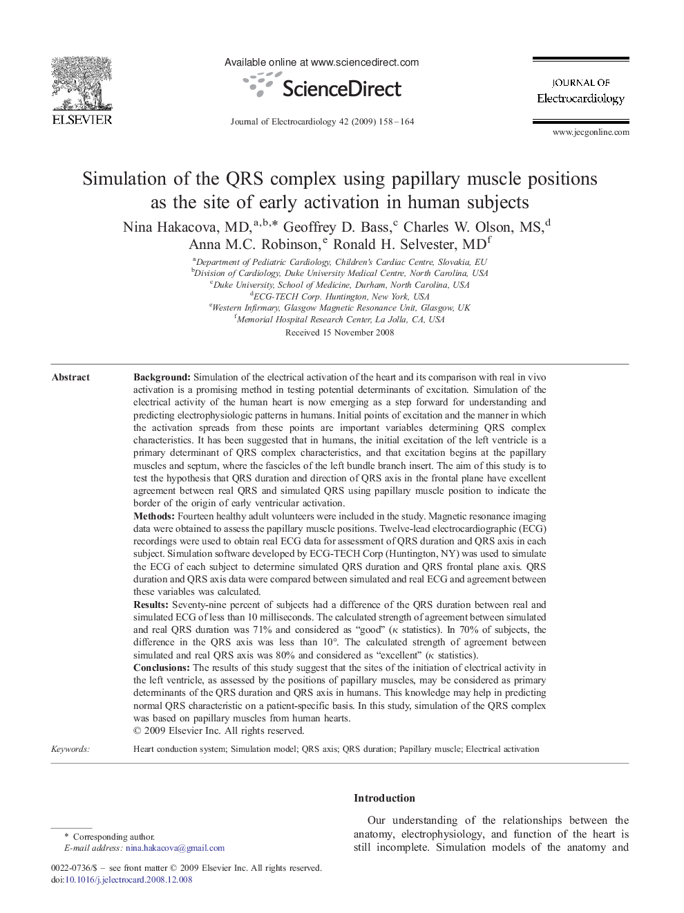 Simulation of the QRS complex using papillary muscle positions as the site of early activation in human subjects