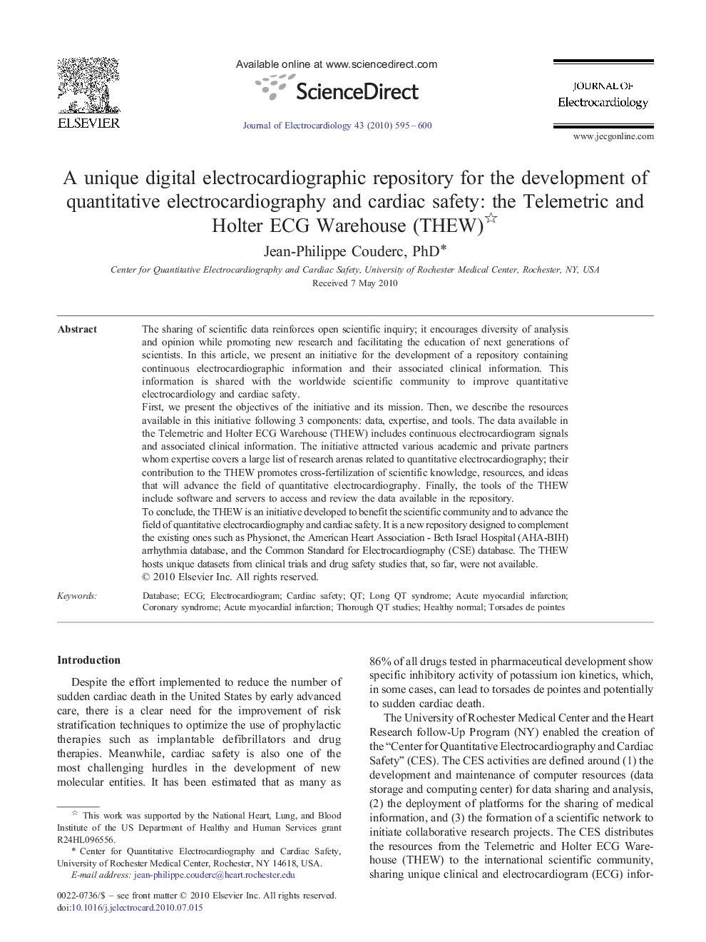 A unique digital electrocardiographic repository for the development of quantitative electrocardiography and cardiac safety: the Telemetric and Holter ECG Warehouse (THEW) 