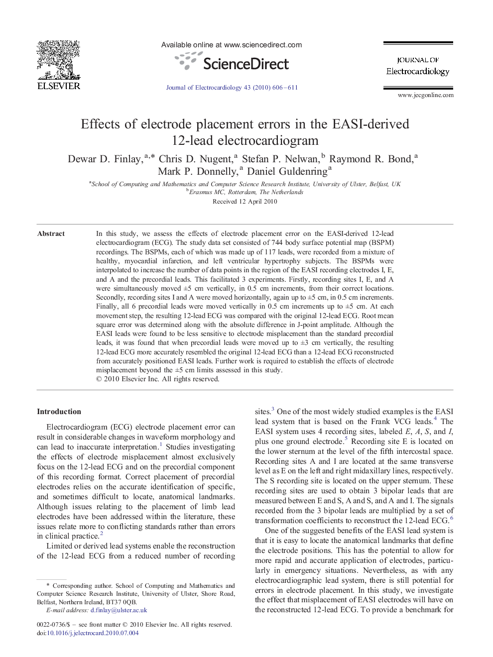 Effects of electrode placement errors in the EASI-derived 12-lead electrocardiogram