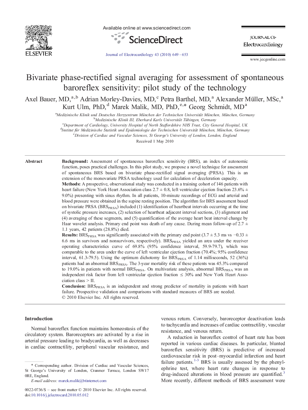 Bivariate phase-rectified signal averaging for assessment of spontaneous baroreflex sensitivity: pilot study of the technology