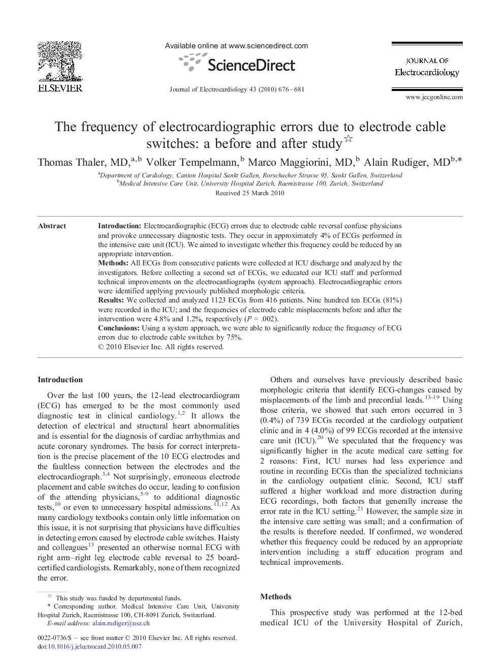 The frequency of electrocardiographic errors due to electrode cable switches: a before and after study 