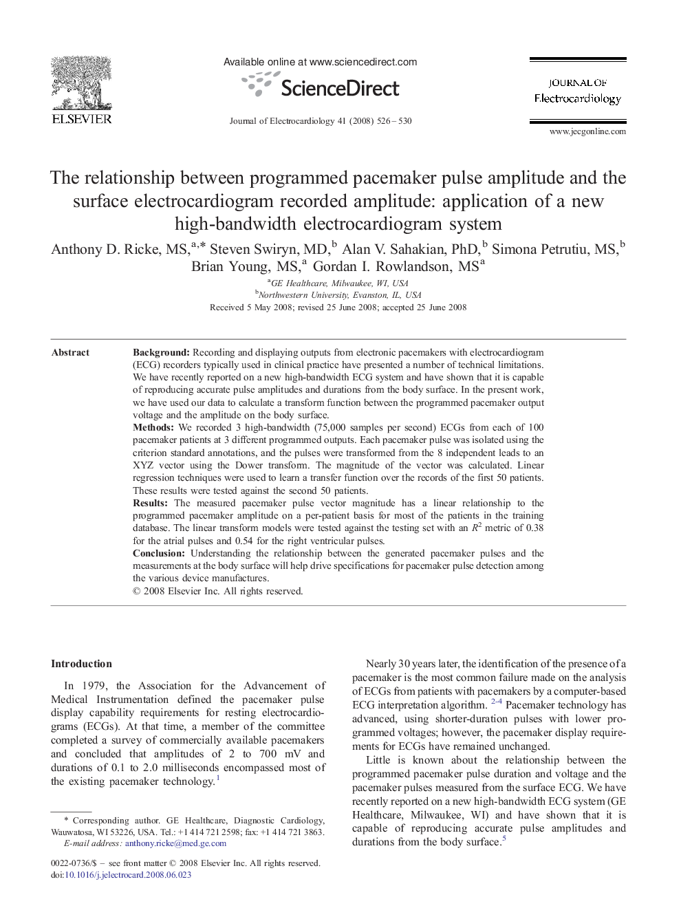 The relationship between programmed pacemaker pulse amplitude and the surface electrocardiogram recorded amplitude: application of a new high-bandwidth electrocardiogram system