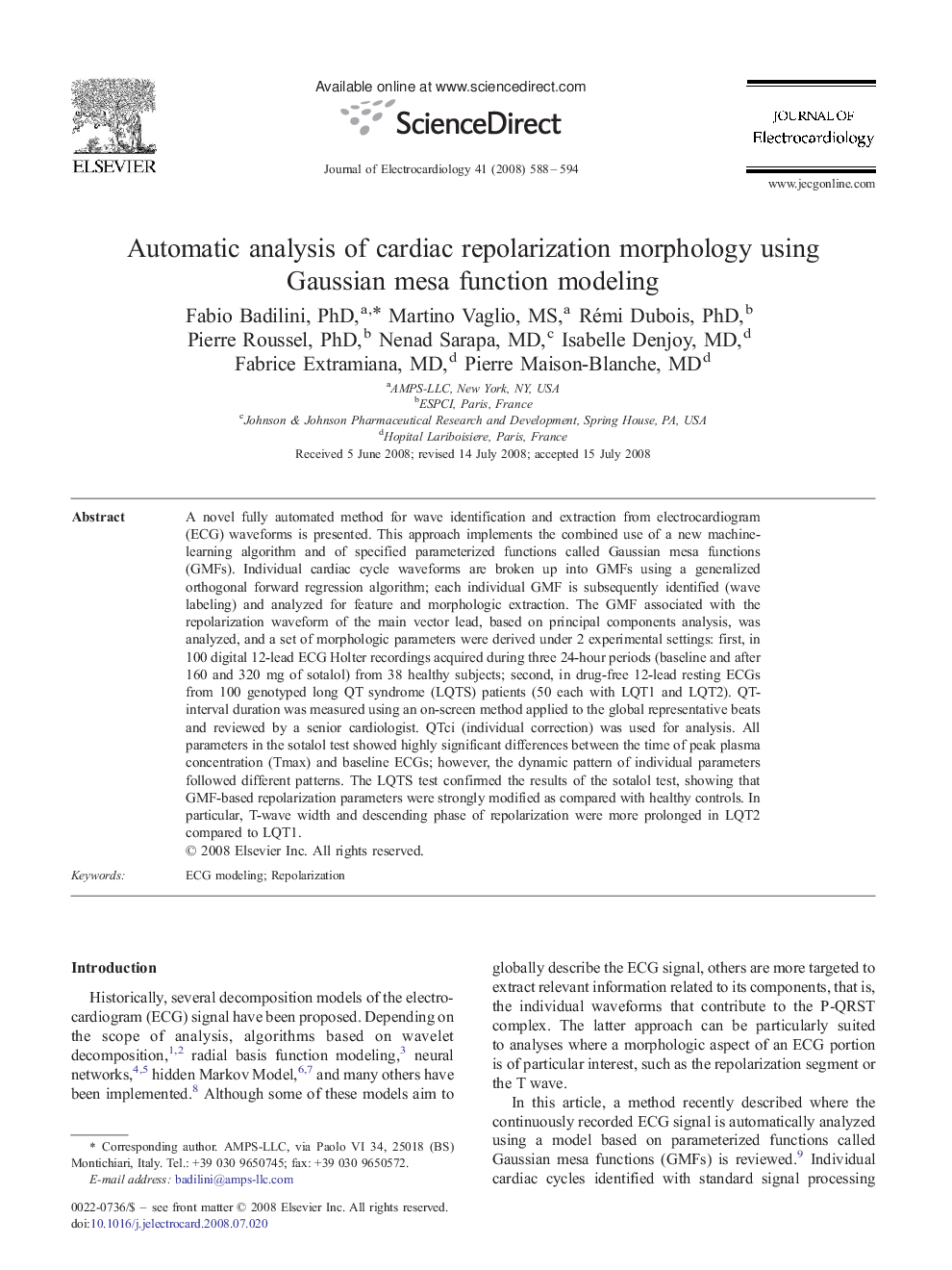 Automatic analysis of cardiac repolarization morphology using Gaussian mesa function modeling