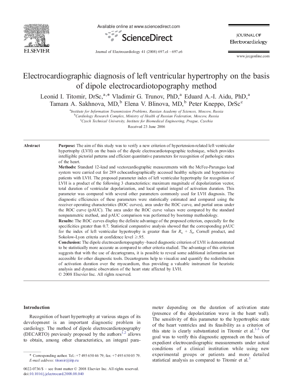 Electrocardiographic diagnosis of left ventricular hypertrophy on the basis of dipole electrocardiotopography method