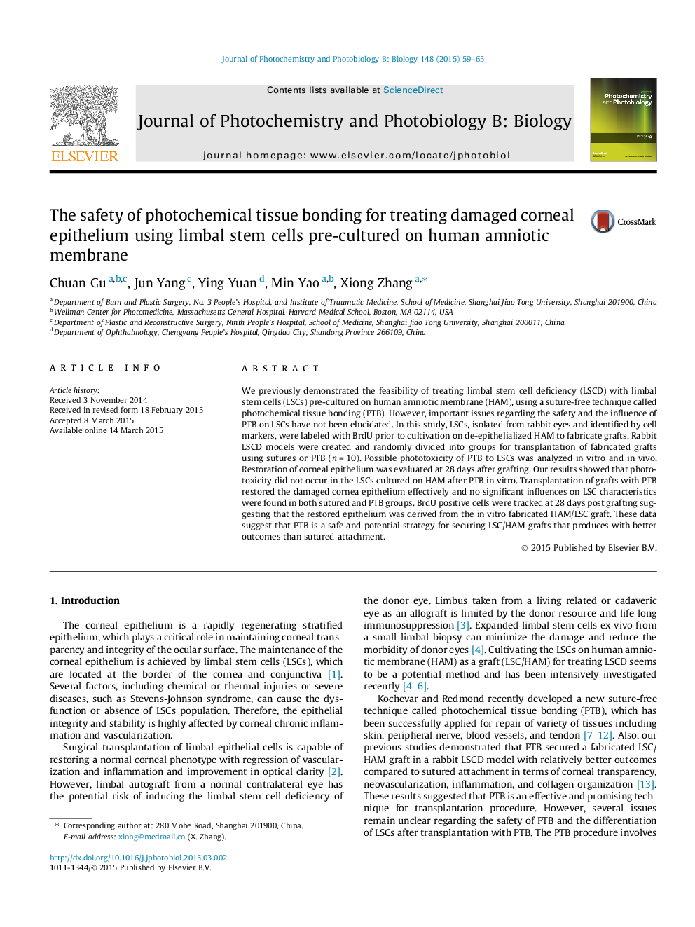 The safety of photochemical tissue bonding for treating damaged corneal epithelium using limbal stem cells pre-cultured on human amniotic membrane