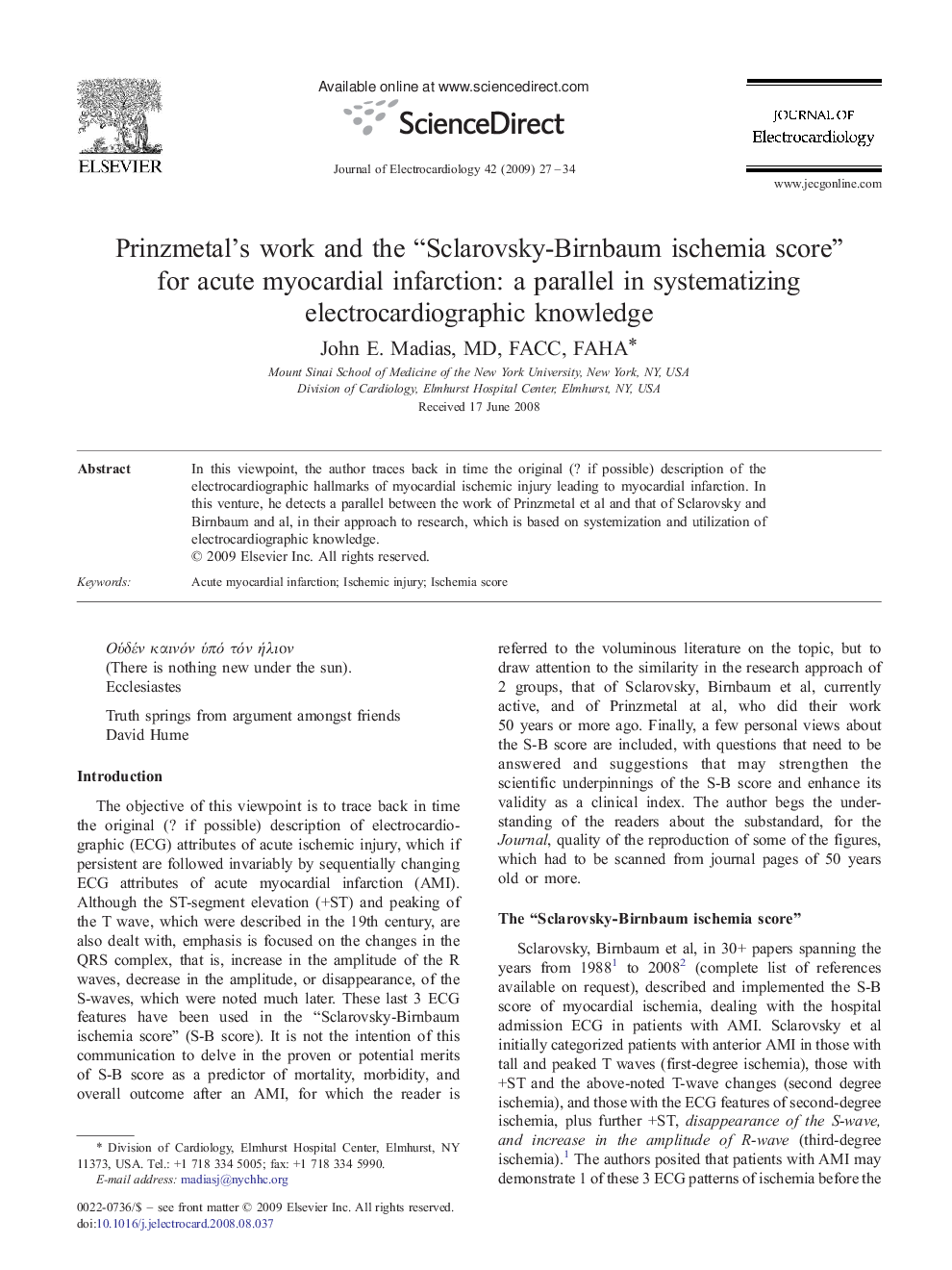 Prinzmetal's work and the “Sclarovsky-Birnbaum ischemia score” for acute myocardial infarction: a parallel in systematizing electrocardiographic knowledge