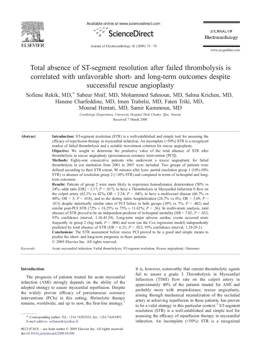 Total absence of ST-segment resolution after failed thrombolysis is correlated with unfavorable short- and long-term outcomes despite successful rescue angioplasty