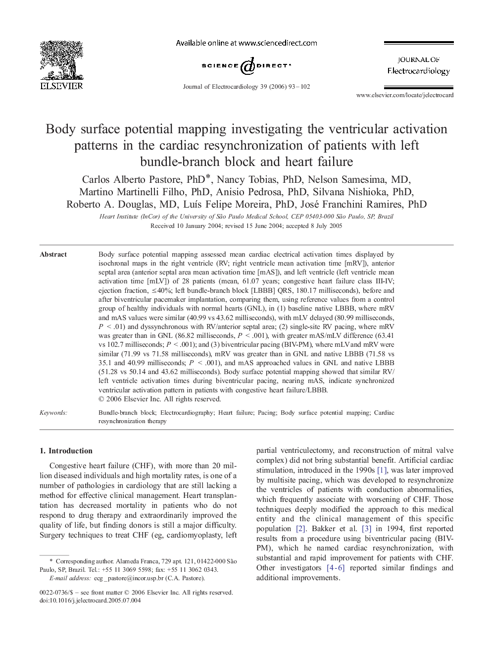 Body surface potential mapping investigating the ventricular activation patterns in the cardiac resynchronization of patients with left bundle-branch block and heart failure