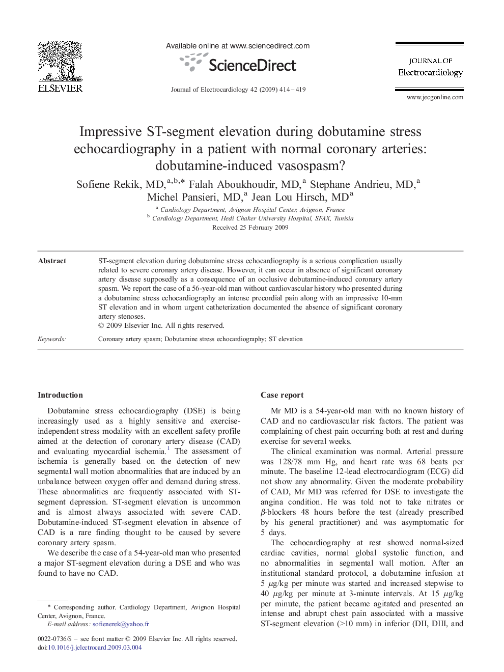 Impressive ST-segment elevation during dobutamine stress echocardiography in a patient with normal coronary arteries: dobutamine-induced vasospasm?