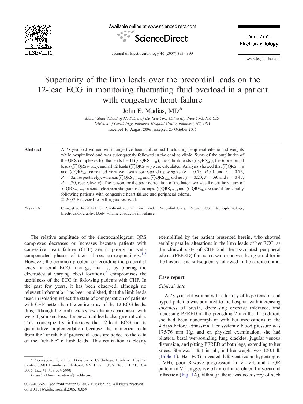 Superiority of the limb leads over the precordial leads on the 12-lead ECG in monitoring fluctuating fluid overload in a patient with congestive heart failure