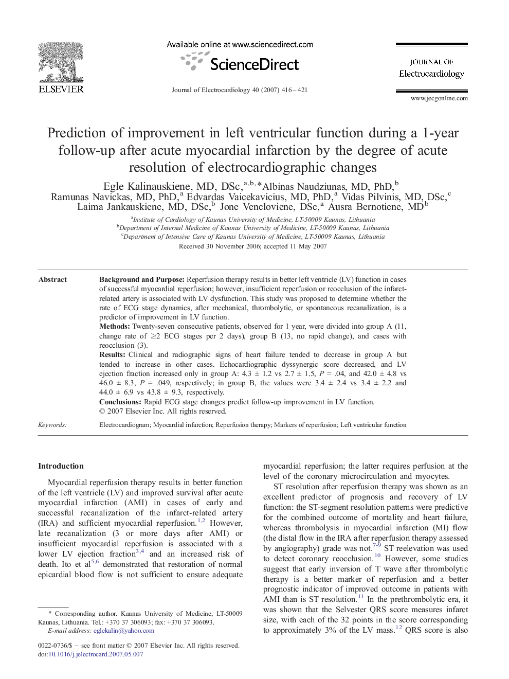 Prediction of improvement in left ventricular function during a 1-year follow-up after acute myocardial infarction by the degree of acute resolution of electrocardiographic changes