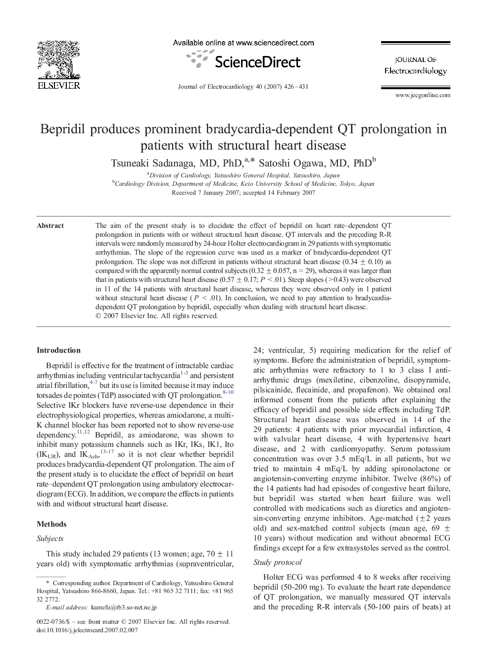 Bepridil produces prominent bradycardia-dependent QT prolongation in patients with structural heart disease