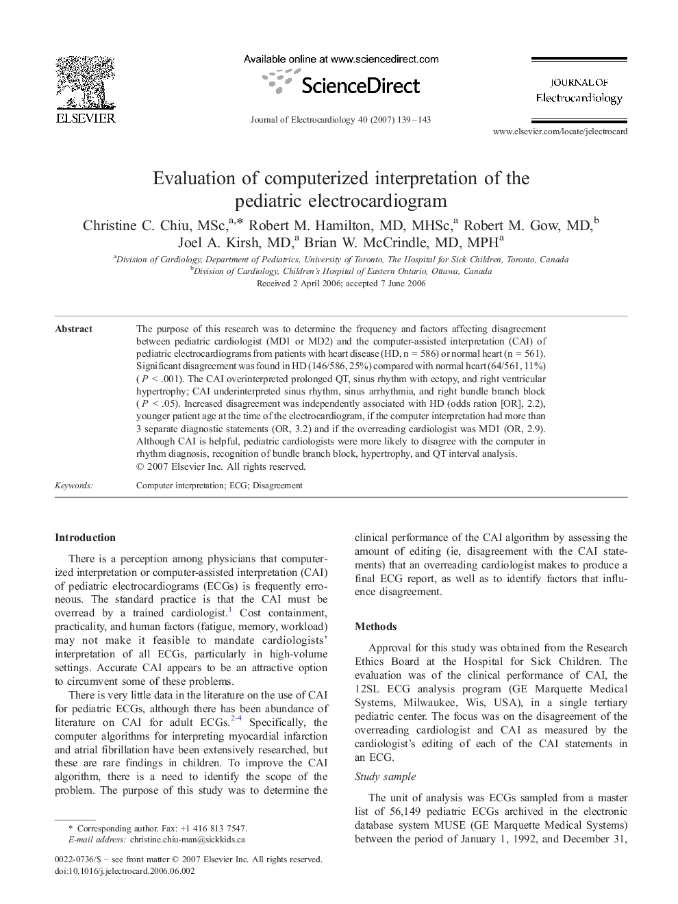 Evaluation of computerized interpretation of the pediatric electrocardiogram