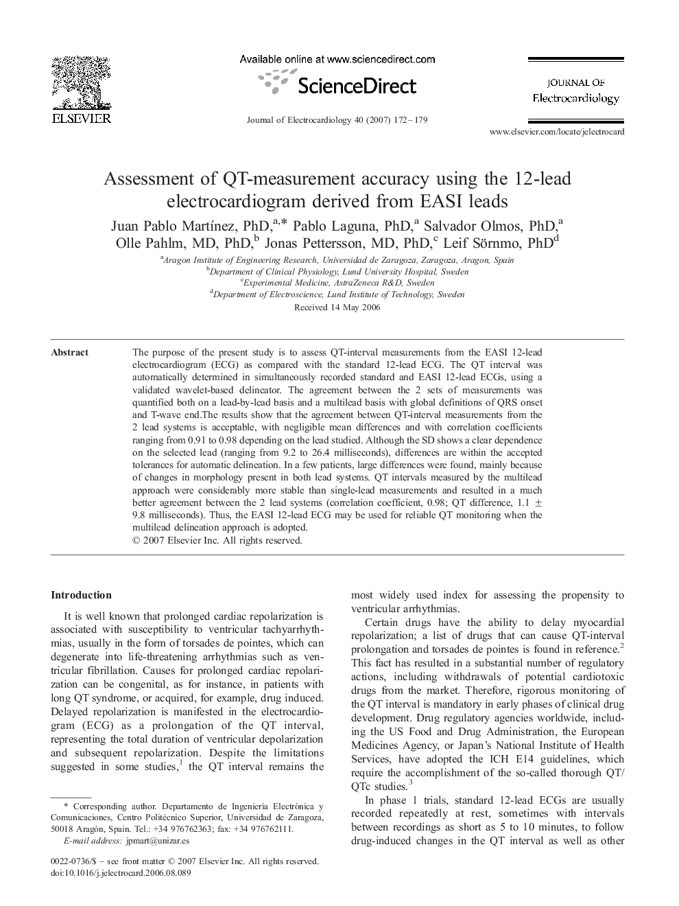 Assessment of QT-measurement accuracy using the 12-lead electrocardiogram derived from EASI leads