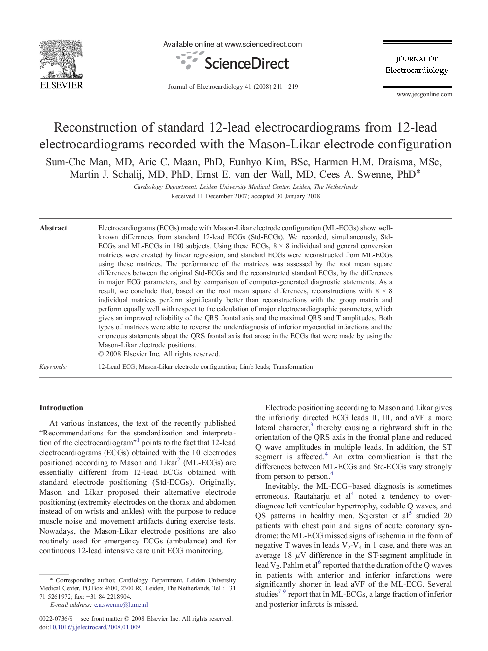 Reconstruction of standard 12-lead electrocardiograms from 12-lead electrocardiograms recorded with the Mason-Likar electrode configuration