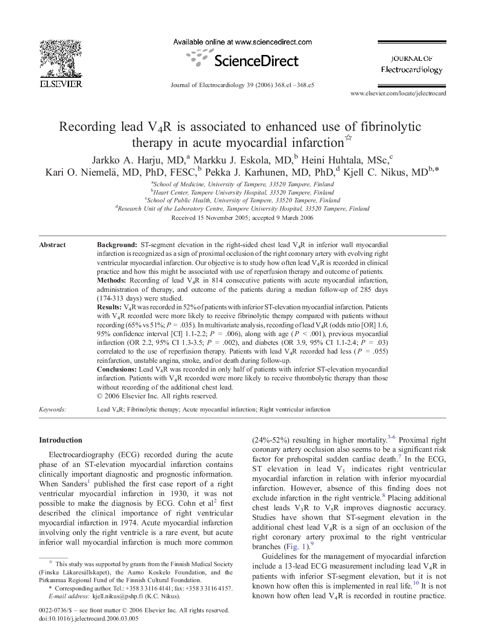 Recording lead V4R is associated to enhanced use of fibrinolytic therapy in acute myocardial infarction