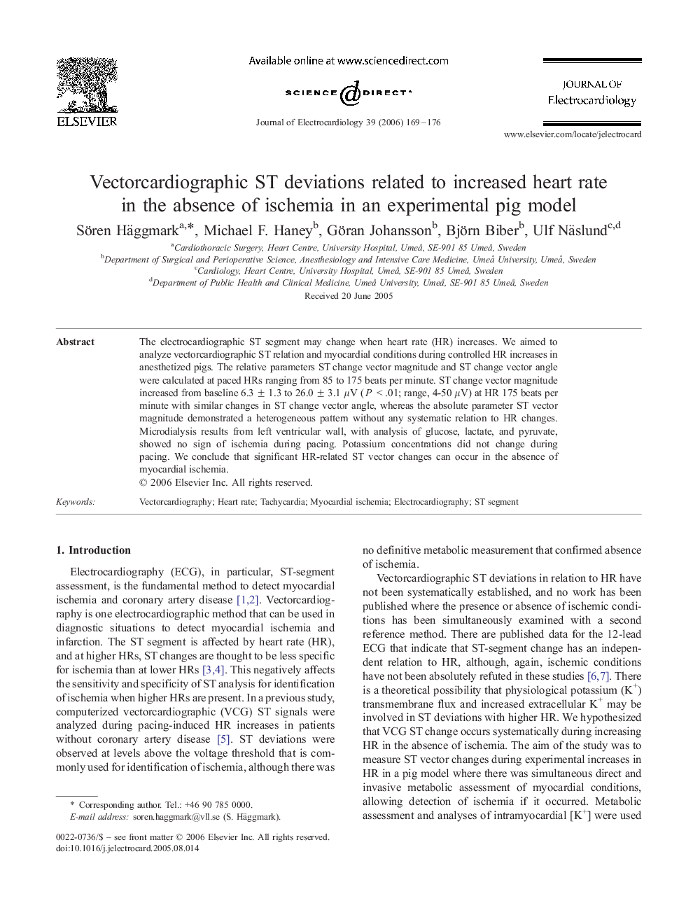 Vectorcardiographic ST deviations related to increased heart rate in the absence of ischemia in an experimental pig model