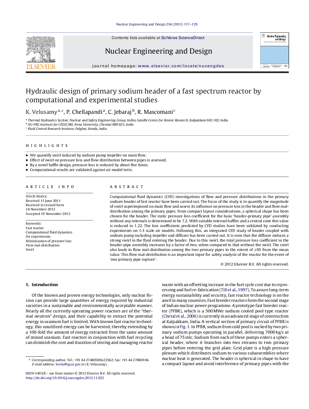 Hydraulic design of primary sodium header of a fast spectrum reactor by computational and experimental studies