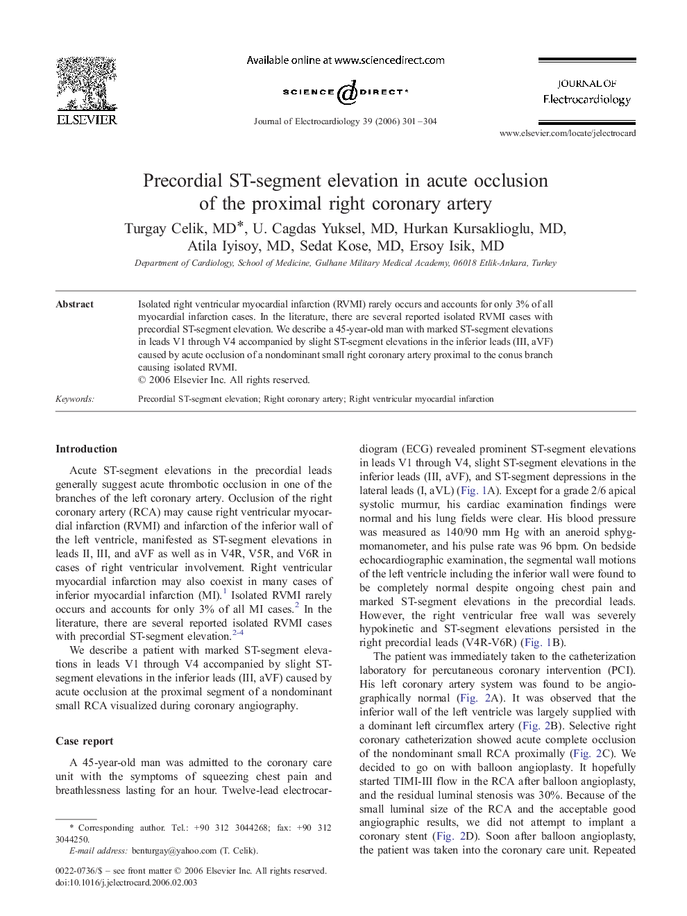 Precordial ST-segment elevation in acute occlusion of the proximal right coronary artery