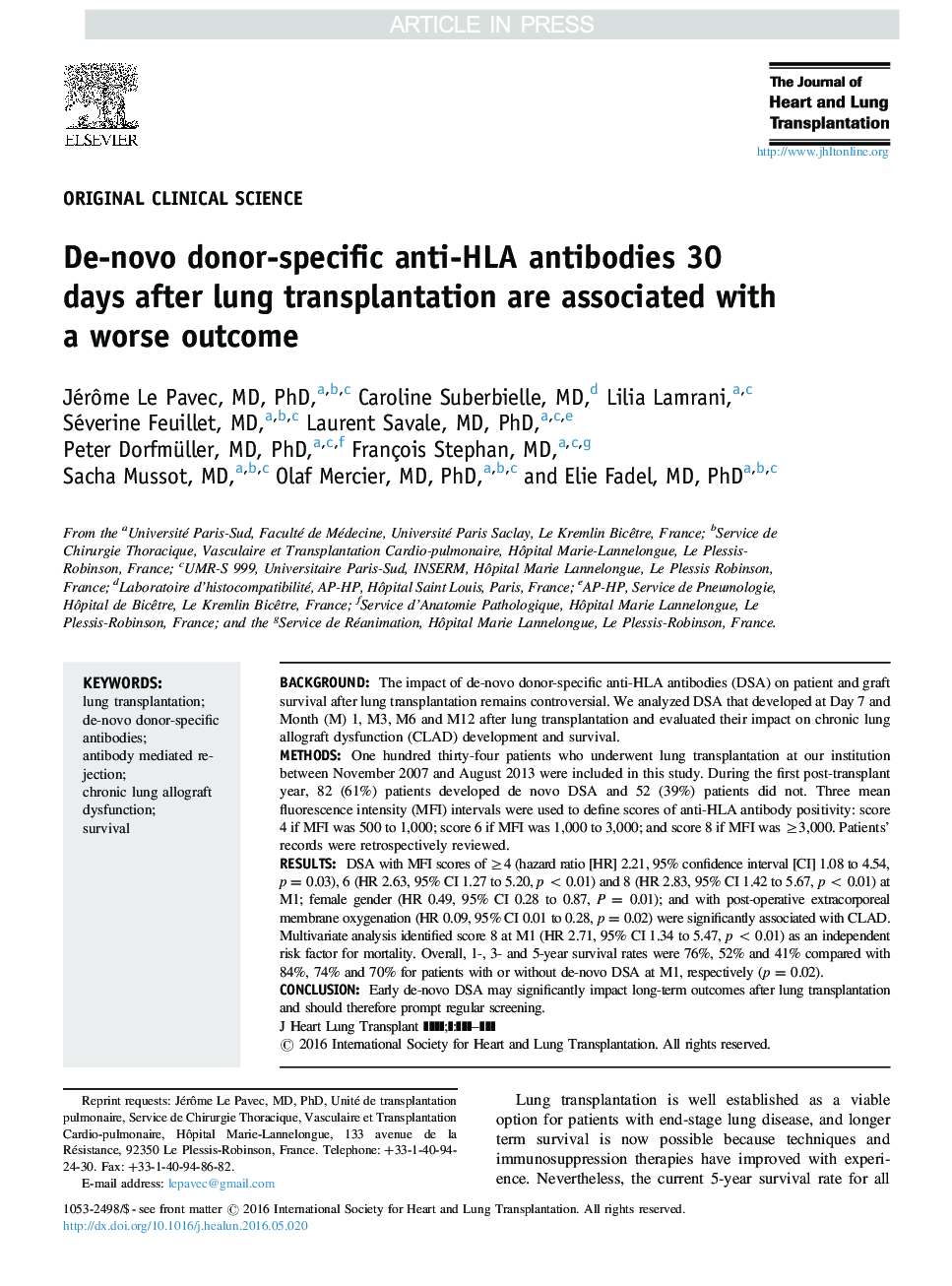 De-novo donor-specific anti-HLA antibodies 30 days after lung transplantation are associated with a worse outcome