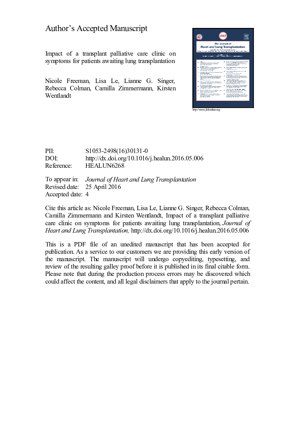 Impact of a transplant palliative care clinic on symptoms for patients awaiting lung transplantation