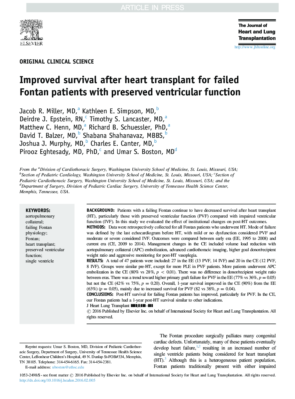 Improved survival after heart transplant for failed Fontan patients with preserved ventricular function