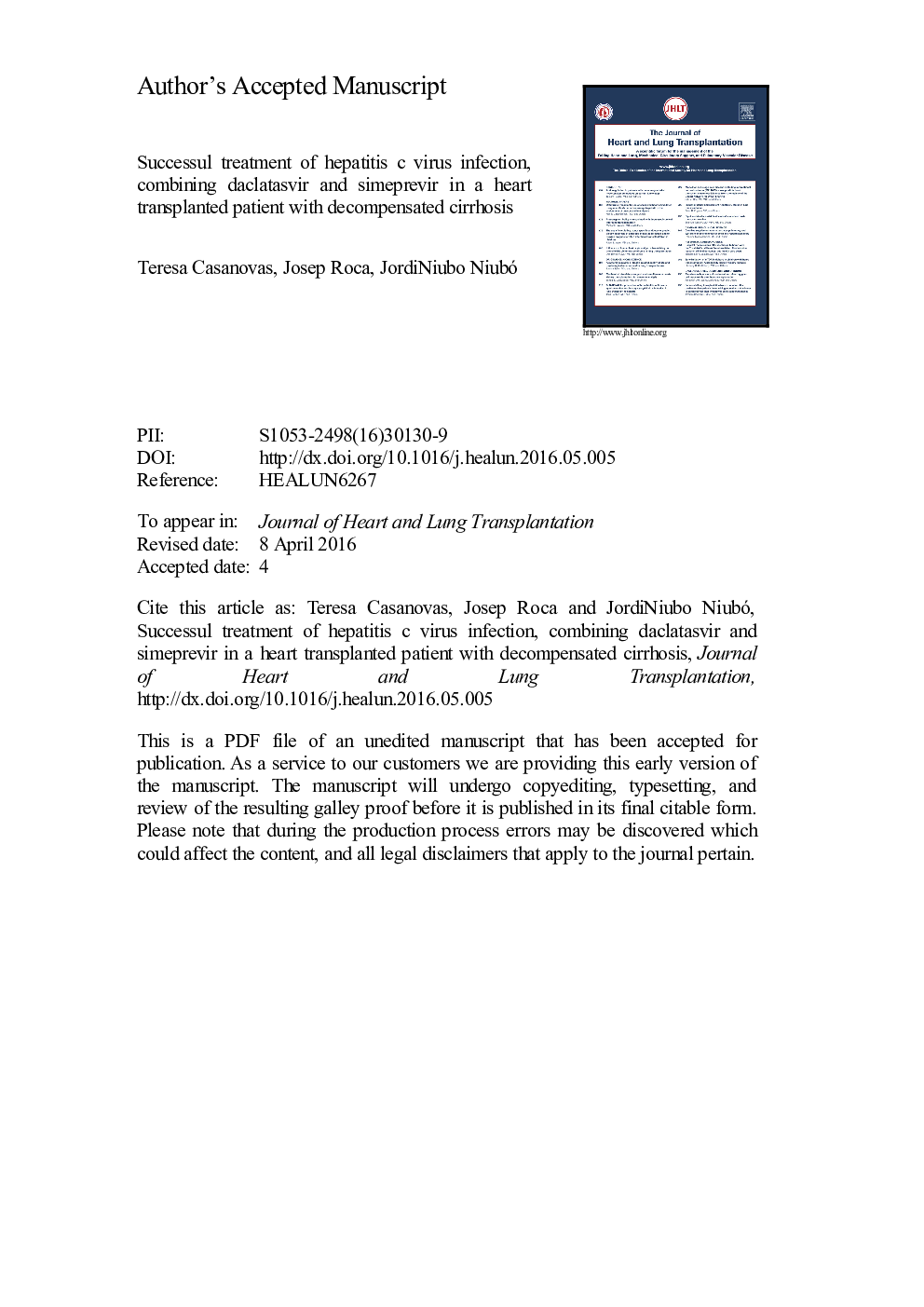 Successful treatment of hepatitis C virus infection combining daclatasvir and simeprevir in a heart transplant recipient with decompensated cirrhosis