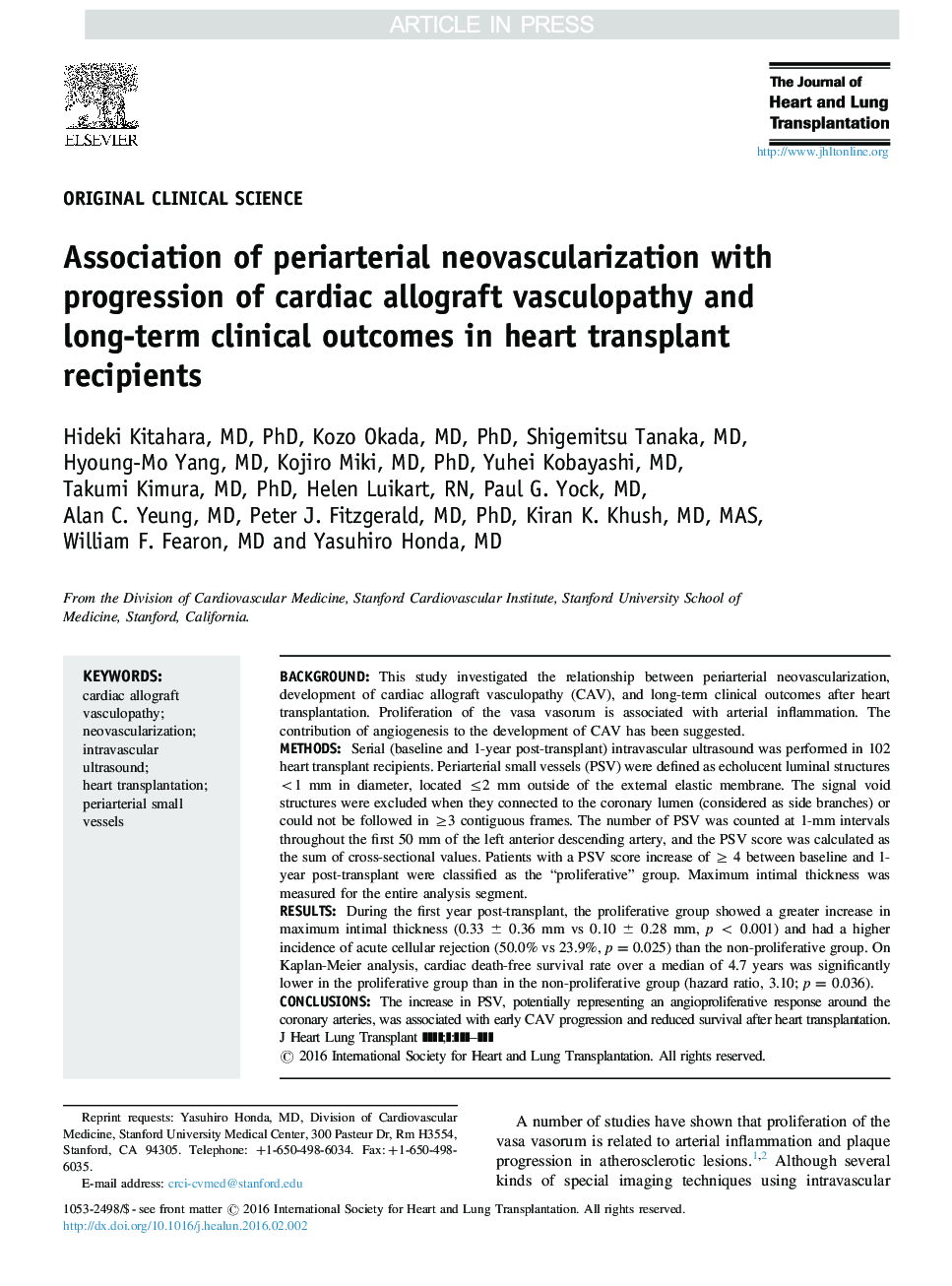 عکس صفحه اول مقاله: Association of periarterial neovascularization with progression of cardiac allograft vasculopathy and long-term clinical outcomes in heart transplant recipients Association of periarterial neovascularization with progression of cardiac allograft vasculopathy and long-term clinical outcomes in heart transplant recipients