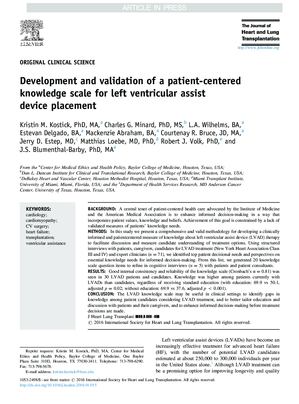 Development and validation of a patient-centered knowledge scale for left ventricular assist device placement