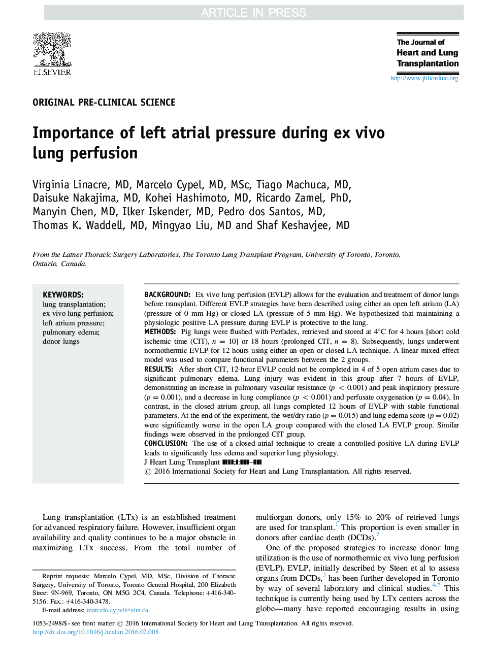 Importance of left atrial pressure during ex vivo lung perfusion