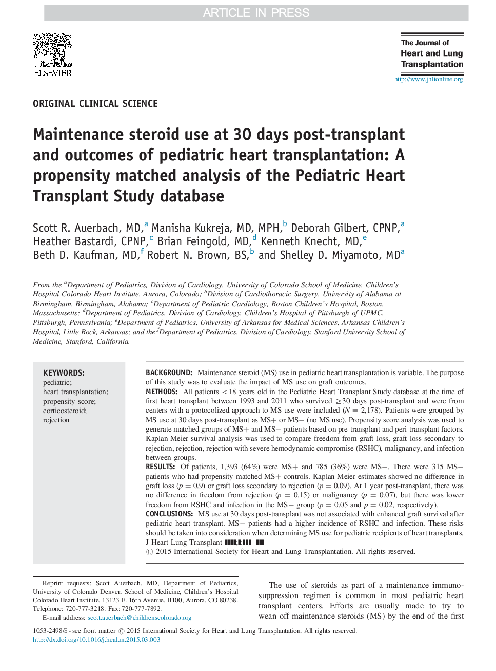 استفاده از استروئید نگهدارنده در 30 روز پس از پیوند و نتایج پیوند قلب کودکان: تجزیه و تحلیل همبستگی قیاسی پایگاه داده مطالعه پیوند قلب کودکان 