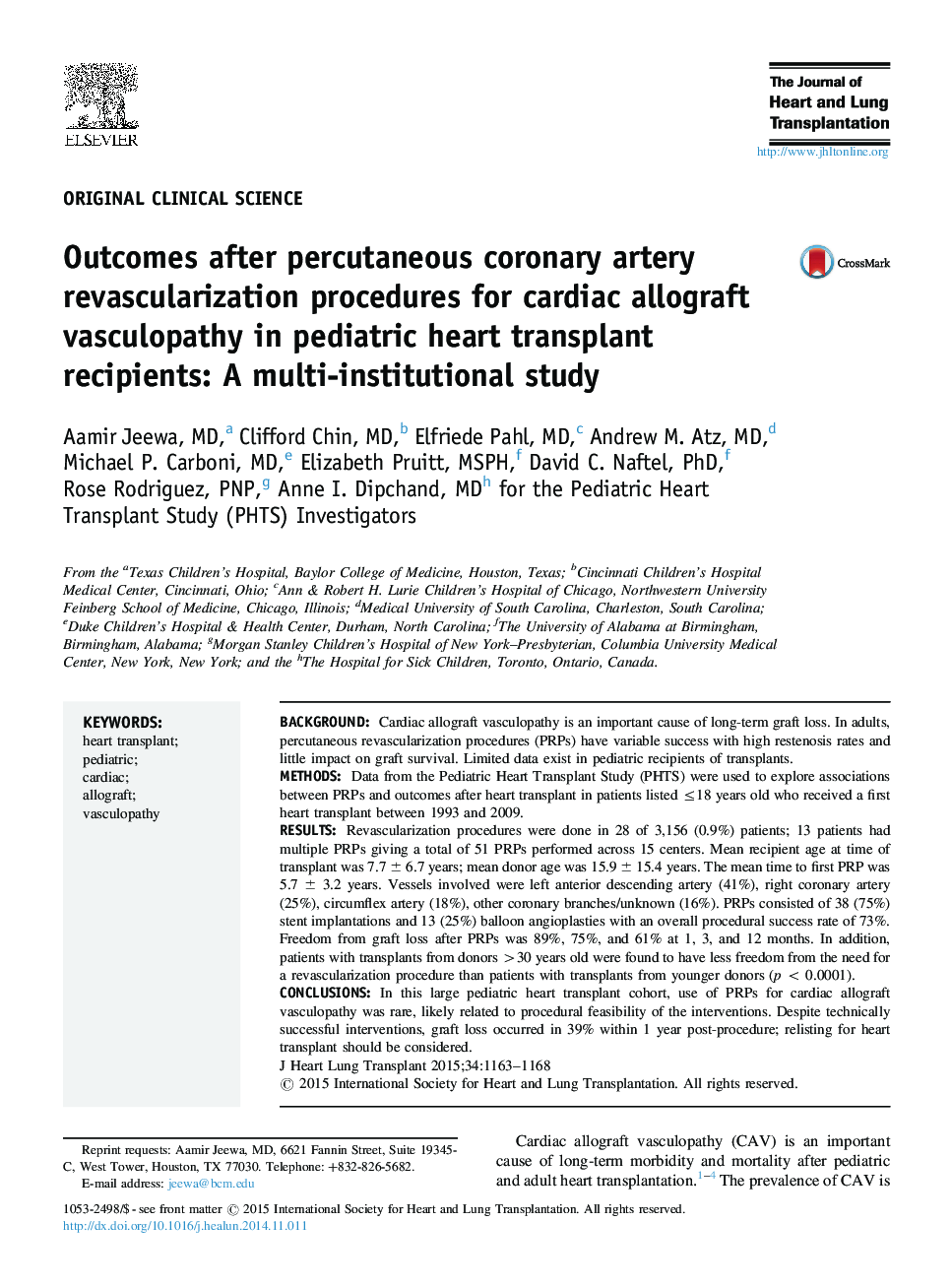 Outcomes after percutaneous coronary artery revascularization procedures for cardiac allograft vasculopathy in pediatric heart transplant recipients: A multi-institutional study