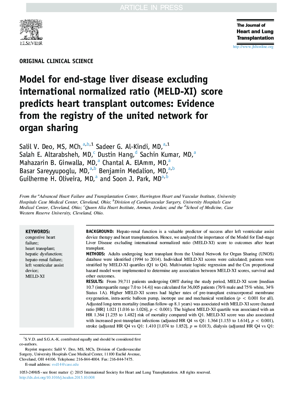 Model for end-stage liver disease excluding international normalized ratio (MELD-XI) score predicts heart transplant outcomes: Evidence from the registry of the United Network for Organ Sharing