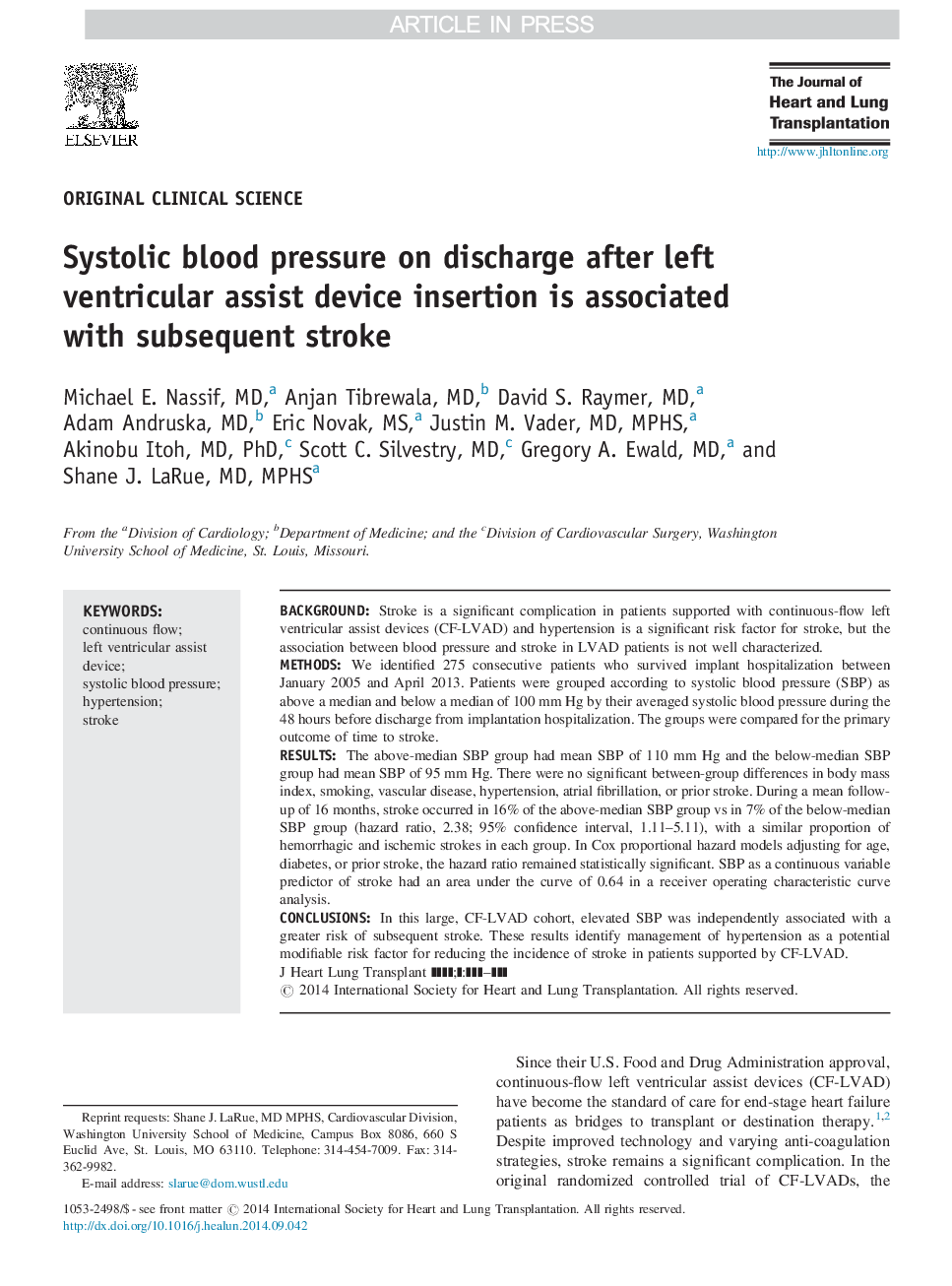 Systolic blood pressure on discharge after left ventricular assist device insertion is associated with subsequent stroke